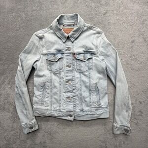 Levi Trucker Jacket Womens Medium Blue Denim Short Collared Button Pockets
